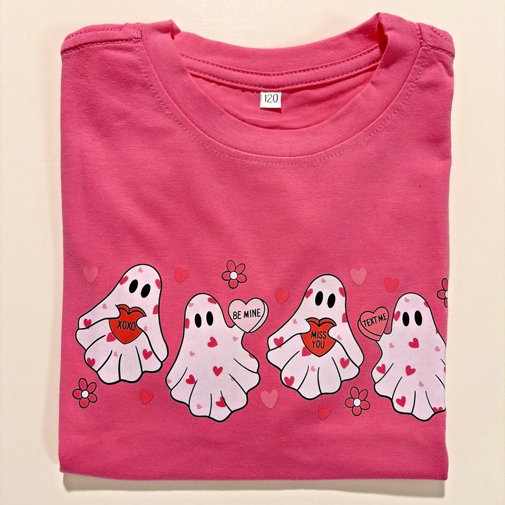 Girls Halloween / Valentine Ghost T-Shirt - Short Sleeve Crew Neck - size 8/10
